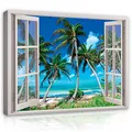 Produktbild: WallArena - Leinwand Bilder - Fensterbilck Strand Meerblick Natur - 80x60 cm Leinwandbilder - Bild auf leinwand - Wandbild XXL groß Wandbilder für Wohnzimmer Schlafzimmer Wohnzimmerbilder Modern