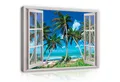 Produktbild: Wallarena Leinwandbild Fensterblick Strand Meer Natur Palmen Fenster Wandbild XXL, Natur (Einteilig, 1 St), Leinwand Bilder Wohnzimmer Schlafzimmer Küche Wandbild Leinwandbilder