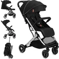 Produktbild: MoMi ESTELLE LIGHT – Ultraleichter Baby Kompaktbuggy 7,7 kg mit Einhand-Faltung, Trolley-Funktion & XL-Dach, ideal für Reisen – Schwarz/Silber