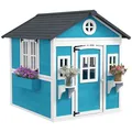 Produktbild: Outsunny Kinderspielhaus aus Holz Spielhaus Outdoor mit Fenster, Blumenregal, Pflanzenkasten und Tür Gartenhaus für Kinder 3-8 Jahre Blau