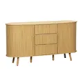 Produktbild: sweeek - Skandinavisches ovales Sideboard, 2 Schiebetüren, 4 Fächer, 3 Schubladen, geriffelte Holzoptik, naturfarben, B 150 x T 40 x H 79 cm - Legacy