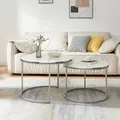 Produktbild: [en.casa] Couchtisch 2er Set Skagen Wohnzimmertische Beistelltische rund Satztisch Metallgestell Marmoroptik, weiß/Silberfarben