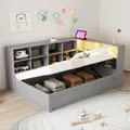 Produktbild: Merax Multifunktionales Tagesbett 90x200 cm mit LED, USB/Typ-C-Steckdose, Schlafsofa mit Stauraum, Massivholzbett ideal für kleine Räume, Grau