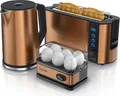 Produktbild: Arendo 3-teiliges Frühstücks-Set, 2-Scheiben Langschlitz Toaster, 6er Eierkocher, Wasserkocher 1,5 Liter, Kupfer