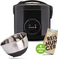 Produktbild: REISHUNGER Basis Reiskocher Starter Set, Großer Basis Reiskocher schwarz Keramik,Reiswaschschüssel Edelstahl (Schwarz), Finde deinen Lieblingsreis Set