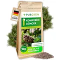 Produktbild: Purgrün® Koniferendünger 1 kg – Extra Magnesium für leuchtend grüne Nadeln – Verbessert die Bodenqualität – Organisch-mineralische Rezeptur – Feines Krümelgranulat – NPK 8+4+5 – Für 4-5 Pflanzen