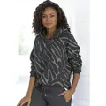 Produktbild: Kapuzensweatshirt LASCANA, Damen, Gr. 32/34, grau (dunkelgrau, taupe), Sweatware, Obermaterial: 60% Baumwolle, 40% Polyester, bedruckt, bestickt, gemustert, bequem hüftlang, Rundhals, Raglanärmel Rippbündchen, Sweatshirts, mit Zebramuster, Loungewear, Topseller