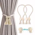 Produktbild: 2 Stück Magnetische Vorhang Raffhalter, Gardinenhalter Raffhalter aus Holz Boho, Handgewebt Gardinen Raffhalter, Vorhanghalter, Raffhalter Magnetisch, Baumwollseil für Home Büro Gardinen Deko (Beige)