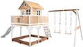 Produktbild: AXI Spielhaus Liam mit Sandkasten, Doppelschaukel & weißer Rutsche | Stelzenhaus XXL in Braun & Weiß aus  Holz für Kinder | Spielturm mit Wellenrutsche & Schaukel für den Garten