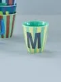 Produktbild: Rice Melamin Becher medium gestreift mit Buchstaben, Modell für Jungen blau/grün/mint- Töne, Größe 9 x 9 cm (M Junge)