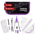 Produktbild: DynaTech Zirkel Set Geometrieset 13-Teilig mit Schnellverstellzirkel, Geodreieck, Parabel, Bleistift, Lineal, Spitzer und Ersatzminen im Etui - praktisches Mathematik-Set inkl. Federmappe (Violett)