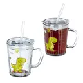 Produktbild: Relaxdays Trinkglas Kinder, 2er Set, Dino-Motiv, Kinderglas mit Henkel, Deckel & Strohhalm, 400 ml Skala, transparent