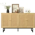Produktbild: OKWISH Sideboard 140x39x80 cm Holzoptik mit echtem Rattangeflecht, Stauraum hinter 4 Türen, mattschwarze Beine, Goldene Griffe, Staubsaugerroboterfreundlich