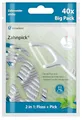 Produktbild: miradent Zahnpick 2-in-1® Big Pack - 40 Stück | Zahnseide Stick | mit Minz-Geschmack | zur Entfernung grober Speisereste (Griff: Zahnstocher) | zur Entfernung von Zahnbelag und feinen Speiseresten
