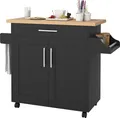 Produktbild: COSTWAY Küchenwagen, Kücheninsel auf Rollen, Servierwagen Holz mit Schublade, Handtuchhalter, Gewürzboard&Verstellbarer Ablage, Küchenschrank Schwarz