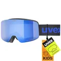 Produktbild: uvex pwdr FM - stylische, verspiegelte Skibrille mit weitem Sichtfeld und Anti-Fog-Beschichtung mit ausgewachsenen Features für Kinder - black matt/blue-clear - one size