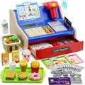 Produktbild: HYES Kinder Kasse Spielzeug Holzkasse, Spielkasse, Kaufladen Spielzeug mit Spielgeld/Münzen/Kreditkarte/Einkaufskorb, Geschenk für Jungen Mädchen