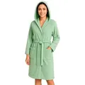 Produktbild: heimtexland Bademantel Bademantel Waffelpique schnelltrocknend Baumwolle, Midilänge, Baumwolle, 2 Taschen I Bindegürtel I Kapuze, Gürtel, Innenfutter weicher Frottier I saugstark I Damen mit Kapuze grün L