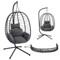 Produktbild: STEELSØN Alarian Hängesessel mit Gestell – Hängestuhl Rattan Outdoor & Indoor mit Kissen – Hängekorb Schwarz höhenverstellbar – Gartenschaukel für Erwachsene & Kinder – Hanging chair faltbar bis 150kg