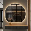 Produktbild: Planetmöbel Aube Spiegel mit Beleuchtung halbrund Bogenspiegel, Spiegel mit LED-Licht, Dekorativer Wandspiegel gerade Unterkante, Dimm-Funktion, 4200k neutralweißes Licht, 100 x 90 cm