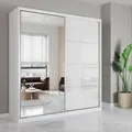 Produktbild: Schwebetürenschrank Kleiderschrank Schrank 203 cm Weiß/Weiß semigloss mit Spiegel und Zierleisten Pola 35 - Weiß