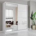 Produktbild: Schwebetürenschrank Kleiderschrank Schrank 203cm Weiß/Weiß semigloss mit Spiegel und Zierleisten Pola 35