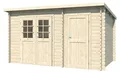 Produktbild: WOODTEX Naturbelassen Gartenhaus Blockbohlenhaus Aster 2 B Zweiraumhaus, Pultdach 28 mm Blockbohlen Fichtenholz, Gerätehaus mit Trennwand, Doppelflügeltür mit Glas, Profilzylinderschloss, Montageanleitung