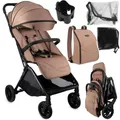Produktbild: MoMi ANDREA – Ultraleichter Baby Kompaktbuggy 7,3 kg mit automatischer Faltung & Drehbügel, bis 22 kg, inkl. Rucksack & Zubehörset – Hellbraun