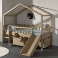 Produktbild: Halbhohes Hausbett Rollboxen Rutsche Lattenrost 90x200 Spielbett Eiche massiv