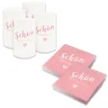 Produktbild: itenga Tischdeko Set - Servietten Schön dass du da bist 30 x 30cm 3-lagig 40 Stück und 6 Windlichter für Kommunion Konfirmation Hochzeit Taufe und andere Feiern (rosa)