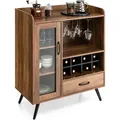 Produktbild: COSTWAY Vintage Weinschrank mit Weinregal und integrierten Glashaltern, Barschrank Holz, Sideboard mit Schublade & Glastür, 80 x 40 x 95 cm