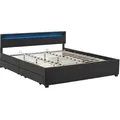 Produktbild: Juskys Polsterbett Lyon 180 x 200 cm schwarz – Bettgestell mit Lattenrost, Bettkasten & LED Beleuchtung – Kunstleder & Holz – Bett Doppelbett - Schwarz