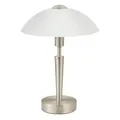 Produktbild: EGLO Tischleuchte Solo 1, 1 flammige Tischlampe, Nachttischlampe aus Metall in Silber und Glas in weiß satiniert, E14 Fassung, inkl. Touchdimmer