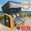 Produktbild: Strandkorb Usedom 3-Sitzer xxl für 2-3 Personen 165cm breit inkl. wetterfeste Abdeckhaube verstellbare Rückenlehne Fußkissen Braun/Blau - gestreift