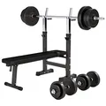 Produktbild: GORILLA SPORTS® Hantelbank - inkl. Hantelset 38/70/100kg, Ablage, Dip-Station, Höhenverstellbar, Klappbar, bis 200kg, Schwarz/Weiß - Trainingsbank mit Langhantelset, Drückerbank, Schrägbank, Flachbank