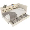 Produktbild: Stauraumbett mit Schubladen, Lattenrost, Regal, USB und Type-C Anschluss, 90x200 cm, Einzelbett, Polsterbett, Leinen - Beige