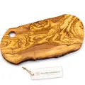 Produktbild: DAS OLIVENHOLZBRETT® Großes Schneidebrett Olivenholz/Antipastibrett/Vesperbrett/Servierbrett/Chacaturieboard/Brotzeitbrett mit naturbelassenem Rand, / mit Loch zum Servieren 40cm