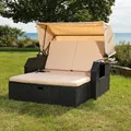Produktbild: Strandkorb Sonnenbett Polyrattan Relaxliege mit Dach Schwarz Garten