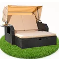 Produktbild: Melko Sonnenbett/Strandkorb/Lounge aus Polyrattan, Schwarz, inkl. klappbaren Seitentisch +verstellerbarer Rückenlehne + Faltbare Sonnenschutzdach