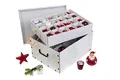 Produktbild: Kreher Weihnachtlicher XL Deko Karton mit Einsätzen für ca. 40 Weihnachtskugeln. Aus stabiler Pappe mit Griffen aus Kunststoff. In Weiss mit einem goldfarbenen Retro-Design Aufdruck.