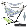 Produktbild: GARMIO Hängematte gestreift blau-grün, 270 x 110 cm, klappbar mit Stahlgestell, 200 kg Tragkraft, inkl. Tragetasche & Zubehör für Garten oder Balkon