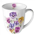 Produktbild: Ambiente Tasse 10cm Porzellan mit Stiefmütterchen Motiv - 0,4L Keramiktasse Porzellangeschirr Kaffeetasse Teetasse Kakaotasse Frühling Blumen Violett Weiß
