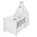 Produktbild: roba Babybett Set Jumbotwins - 70 x 140 cm - Kinderbett mitwachsend / umbaubar - Komplett inkl. Bettwäsche, Himmel, Matratze - Höhenverstellbar - Holz weiß