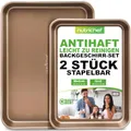 Produktbild: NutriChef Backblech Set 2-teilig – Antihaft 40x28 cm & 35.5x24.6 cm, goldfarbig PFOA-frei, ofenfest bis 232 °C, stapelbar, spülmaschinengeeignet, ideal für Meal Prep & Aufläufe