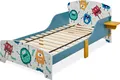 Produktbild: Relaxdays Kinderbett kleine Monster, Rausfallschutz, HBT 60x94x143 cm, Lattenrost, Kleinkindbett, Ablage, MDF, blau/weiß