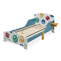 Produktbild: Relaxdays Kinderbett kleine Monster, Rausfallschutz, HBT 60x94x143 cm, Lattenrost, Kleinkindbett, Ablage, MDF, blau/weiß