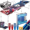 Produktbild: tectake® Bierpong Tisch mit Eiskühler und mit Party Deko LED Beleuchtung, Tisch höhenverstellbar, Klapptisch, Set mit Zubehör, Beerpong Table, 100x Plastikbecher, 6X Bälle und Trinkspiel Kartenspiel