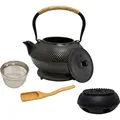Produktbild: Japanische Teekanne aus Gusseisen 1,5L mit Stövchen und Edelstahlsieb Schwarz für losen Tee im asiatischen Stil - Schwarz