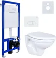 Produktbild: Wand Hänge WC Komplettset Vorwandelement Schallschutz WC Sitz Softclose Deckel Abgang Betätigungsplatte Keramik Spülkasten Toilette Set Bad Sanit