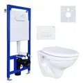 Produktbild: Belvit Hänge WC Komplettset - Basic Vorwandelement + Wand Toilette Weiß Tiefspüler mit Toilettendeckel mit Absenkautomatik + Betätigungsplatte + Schallschutz